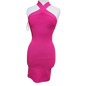 Babaton Ribbed Halter Sculpt Mini Dress Womens Size S Pink